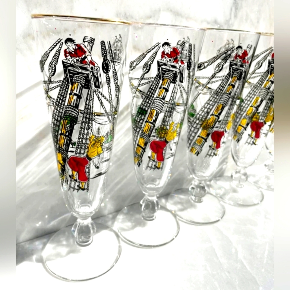 Gorgeous 1960s Libbey Treasure Island Pilsner Glasses- Set of 6 Wonderful Cond.